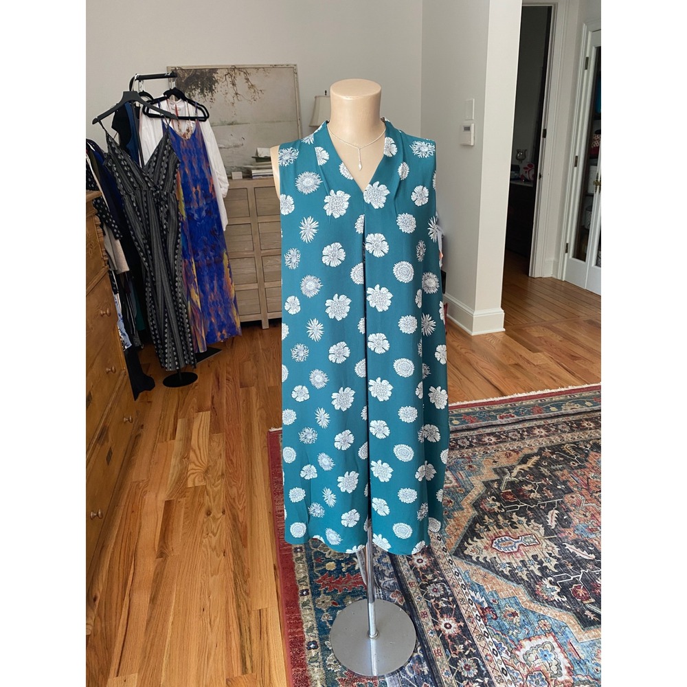 Philos0phy Teal Green Floral V-Neck Sleeveless Shift Dress with Front‎ Pleat